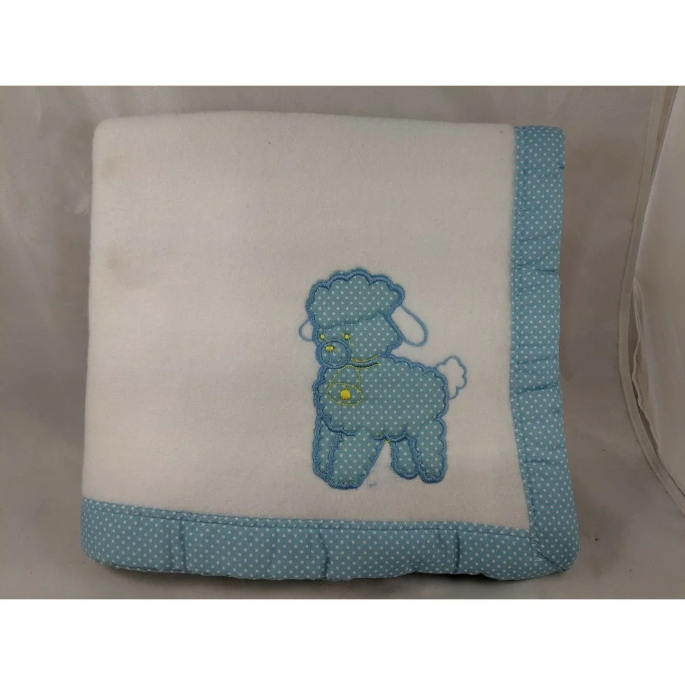 Triboro White Baby Blanket Blue Lamb Polka Dots 45 x 34‎ Inch Polyester